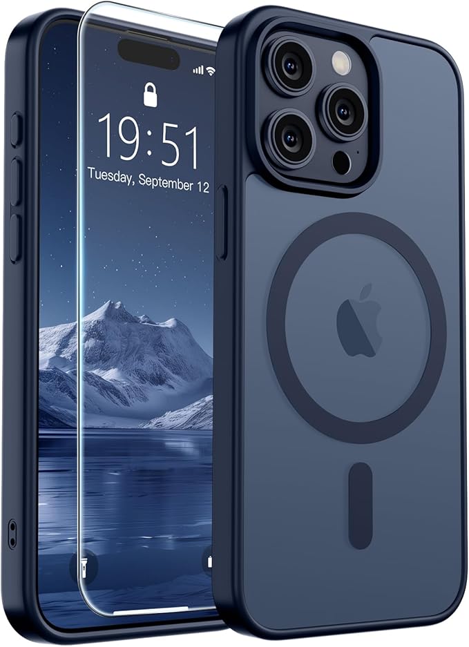 SUPFINE Magnetic for iPhone 15 Pro Max Case with Screen Protector (Compatible with MagSafe) (Military Grade Drop Protection) Translucent Matte Shockproof Phone Cover,Dark Blue