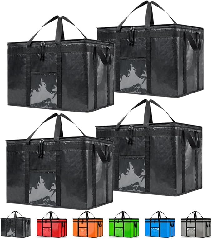 NZ home Insulated Bags for Food Delivery (3XL PRO) Grocery Shopping Cooler Bag, Pizza Delivery, Hot & Cold Catering Tote, Reusable, Foldable & Heavy Duty (4 Pack, Black)