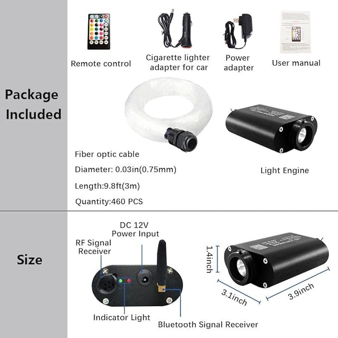 Firework 16W RGBW Fiber Optic Lights Star Ceiling Light Kit with Fiber Optical 460pcs 0.03in 9.8ft/3m - APP/Remote Control + Music Mode Sound Sensor Light Source for Bedroom, Home Theater & Car Decor