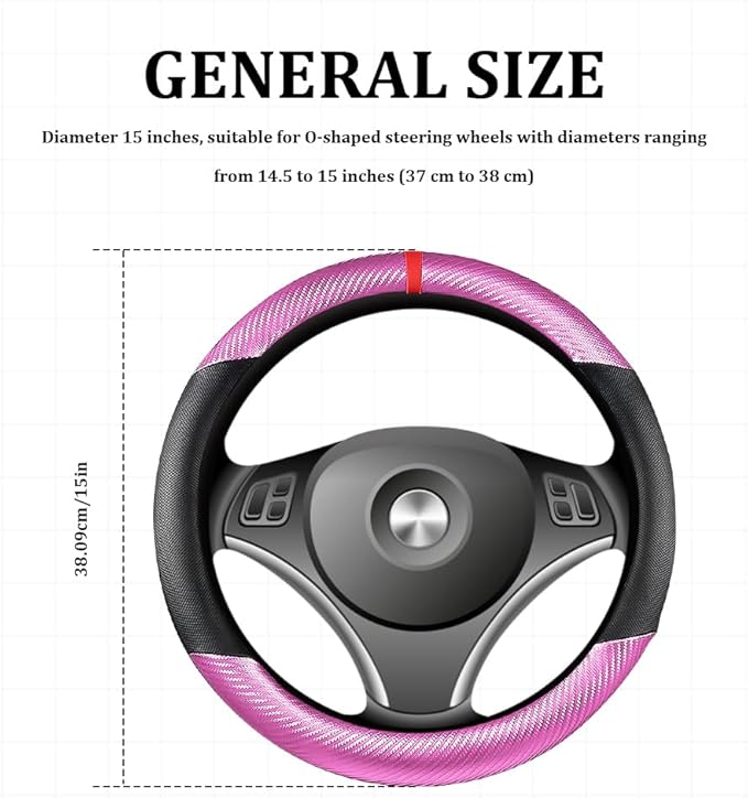 Car Steering Wheel Cover, Steering Wheel Accessories, 15 Inch Microfiber Leather Carbon Fiber Soft Anti-Slip Breathable, Car Accessories Elastic Non-Slip Cover for Most Vehicles (Pink)