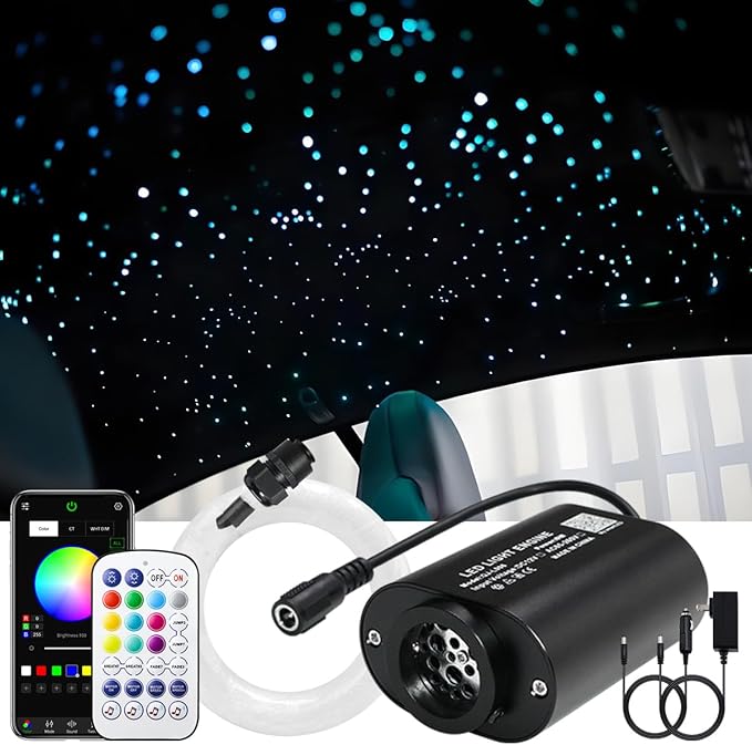 AKEPO 6W Mini Size Twinkle RGBW Fiber Optic Lights, Mixed 295pcs 9.8ft/3m Music Activated APP Control Optical Fiber Optic Star Ceiling Light Kit for Home and Car Starlight Headliner Kits