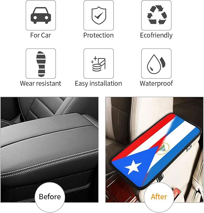 Puerto Rico Nicaragua Nicaraguan Flag Auto Center Console Armrest Cover Car Handrail Box Cushion Pad Mat Universal Fit Most Vehicle Sedan Truck SUV Soft Comfort Decor Accessories