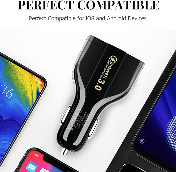 Fast Car Charger Adapter, QC3.0 Quick Power Delivery Block with Dual Port USB Type C, Cigarette Lighter Plug Fast Charging, Compatible with iPhone 15 Pro Max Plus Samsung and More (Black)