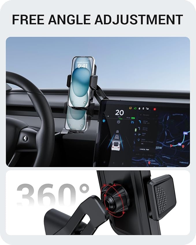 BASENOR Tesla Phone Mount for 2020-2024 Model Y & 2017-2023 Model 3 Screen-Safe Holder with Strong Adhesion, 360° Rotatable Cell Phone Stand, Must-Have Interior Accessories for All Phones