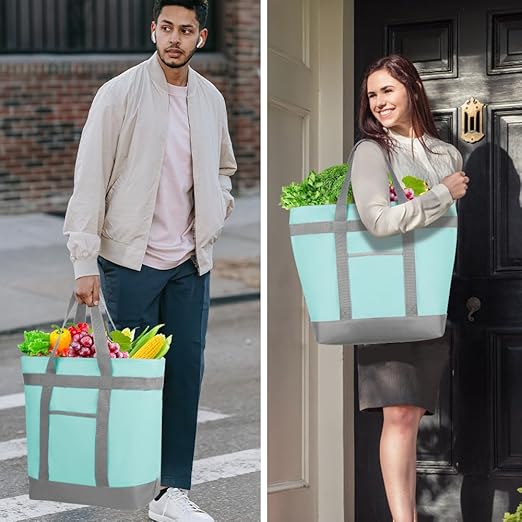 CIVJET Insulated Reusable Tote Bag for Grocery Shopping for Women/Men, Pizza/Food Delivery Bag to Keep Food Cold/Hot for Commercial Food Transport, Cooler bags for Travel/Beach/Picnic, Green