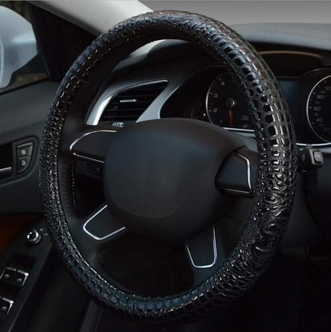 GZE Crocodile Pattern Steering Wheel Cover Microfiber Leather Breathable Anti-Slip Massage Wheel Protector 15 Inch Universal Fit (A-Black)