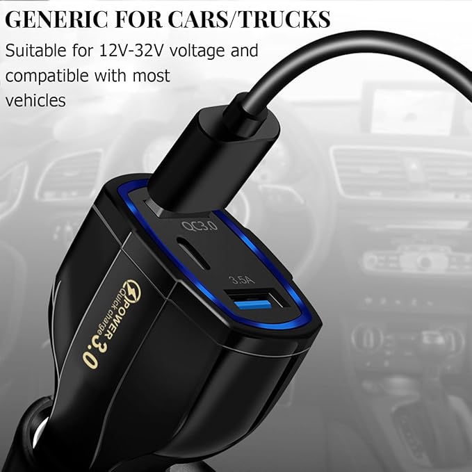 Fast Car Charger Adapter, QC3.0 Quick Power Delivery Block with Dual Port USB Type C, Cigarette Lighter Plug Fast Charging, Compatible with iPhone 15 Pro Max Plus Samsung and More (Black)