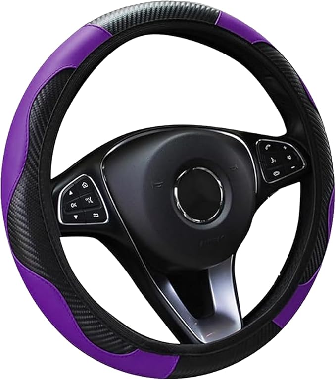Car Steering Wheel Cover, 15 inch Carbon Fiber Microfiber Anti-Slip Breathable PU Leather Elastic Steering Wheel Protector, Car Interior Accessories for Most Cars (Purple)