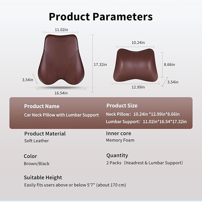 Memory Foam Car Headrest Neck Pillow Lumbar Support Cushion for Tesla Model Y/3/X/S BMW X3 X5 Lexus TX350 NX350 350h RX350 Volvo XC60 XC90 for Long Trips Driving Home Office(Brown)