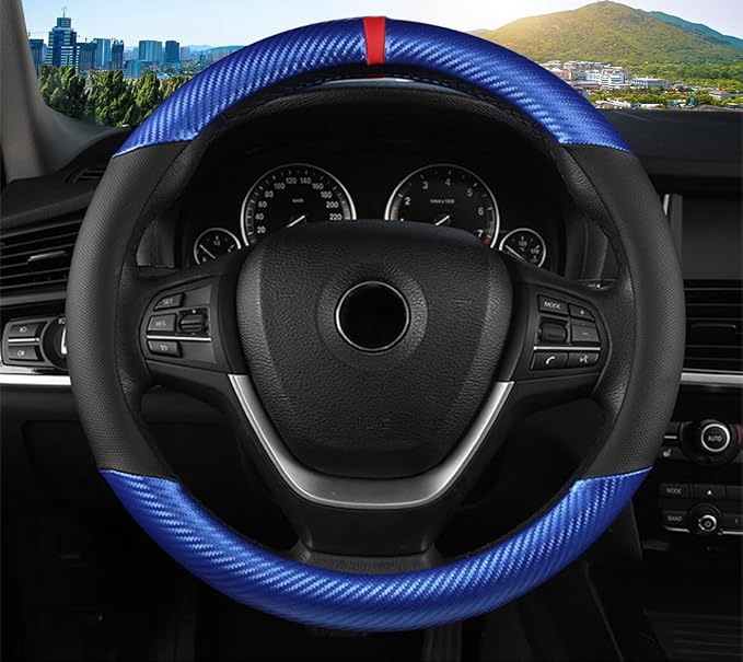 KAFEEK Carbon Fiber Steering Wheel Cover, Universal 15 Inch for Men Women, Breathable Microfiber Leather, Anti-Slip Inner Lining, Sporty Design, Cool in Summer Warm in Winter (Carbon Fiber Blue)