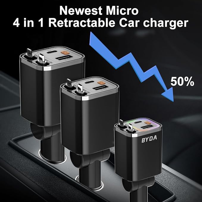 4 in 1 Retractable Car Charger,69W USB-C Fast Car Charger, for iPhone 17/16/15/14/13/12/11, Android,Pixel,Cigarette Lighter Charger (for Type C+Apple &RGB[Grey])