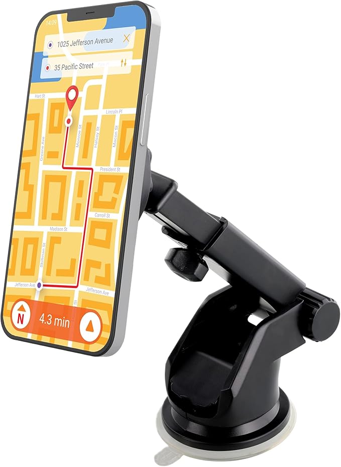 Armor All Magnetic Phone Mount for Car, Dashboard & Windshield Phone Holder with Industrial Suction Cup for MagSafe Phones, iPhones, Includes Magnet Ring for Samsung, Non-Magnetic Phones, & Cases