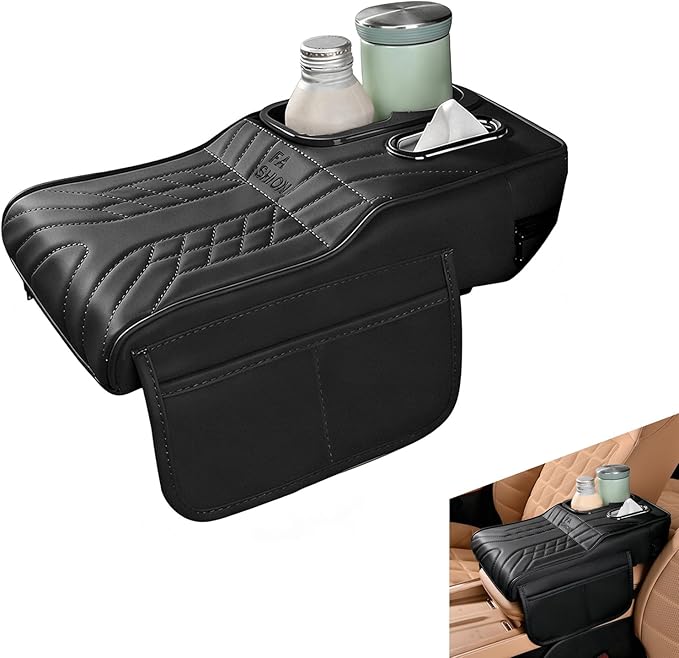 Car Center Console Booster Cover, Multifunctional Car Interior Arm Rest Box Storage Cushion with Cup Holder, Tissue Box, Side Pockets, Leather Memory Foam Armrest Pillow Protection (Black)