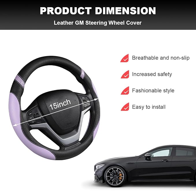 Car Steering Wheel Cover, 15 Inch Premium Leather Breathable Non-Slip Wheels Wrap, Universal Auto Comfortable Steering Wheel Protector for SUV Truck Van, Car Accessories (Purple)