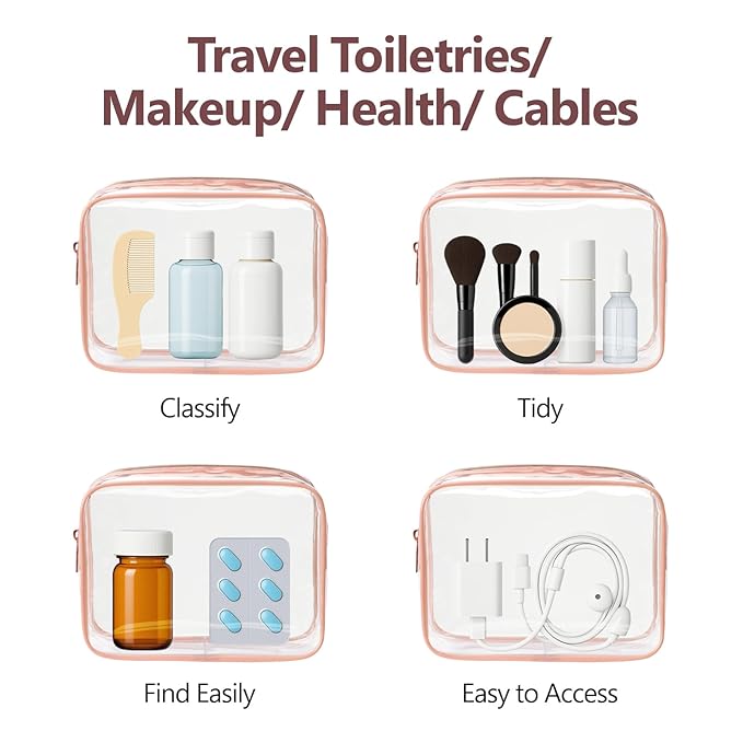 PACKISM TSA Approved Toiletry Bag - Clear Makeup Bag 3 Pack Medium, Metal Smooth Zipper Quart Size Bag for 3-1-1 Liquids, Travel Makeup Bag for Women Men, Airport Airline Compliant Bag, Rose Pink