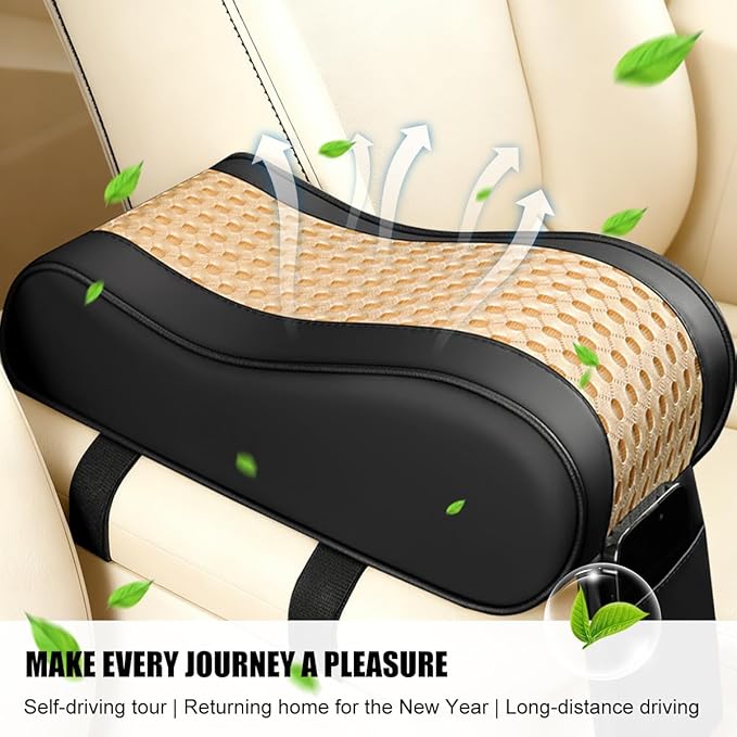 Car Armrest Cushion, Soft Memory Foam Leather Vehicle Armrest Pillow with Storage Bag, Multifunctional Automotive Interior Center Console Arm Rest Pad, Universal for Most Vehicles (Beige)