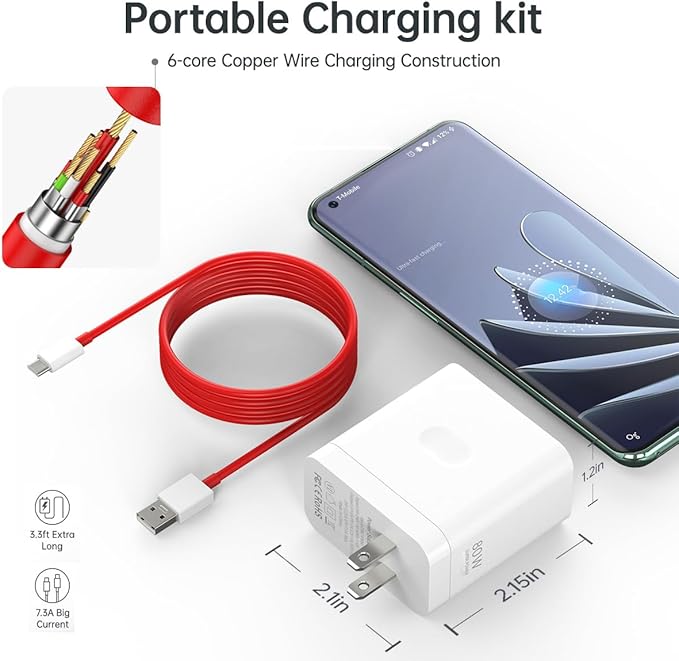 Compatible for Oneplus 15 15R 13 12 12R 11 10 Pro Charger Fast Wall Block 80W 65W for One Plus 13R 9 Pro 10T 10R 8T 8 7T 7 Pro Open Pad Nord 2T CE 2 3 N30 N20 N10 N300 6T 3.3ft Cable