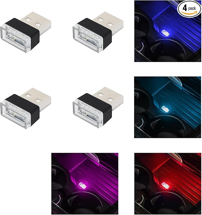 Augeny 4 PCS USB LED Car Interior Atmosphere Lamp, Plug-in USB Decor Night Light, Portable Auto Ambient Lighting Kit, Universal Vehicle Interior Accessories for Most Cars (Blue+Ice Blue+Red+Purple)