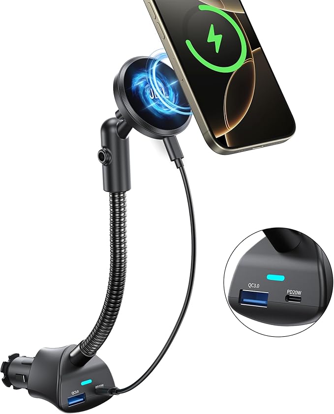 for Magsafe 15W Car Mount Wireless Phone Charger Cigarette Lighter，Car Magnetic Vent Mount Holder with Dual Port PD&QC for Magsafe Fast Charging for iPhone Air/17/16 15 Pro Plus Max 14 13 12