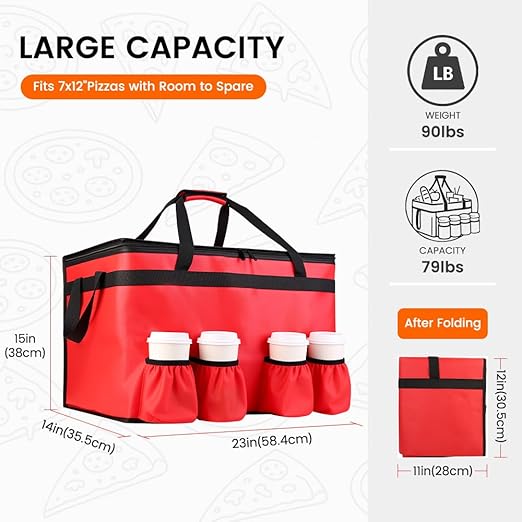 CIVJET Insulated Food Delivery Bag with 4 Cup Holders, XXX-Large Insulated Grocery Bags Keep Food Hot/Cold, Cooler Bags with Drink Carrier, Food Carrier Catering Bag, Commercial Food Warmers, Red