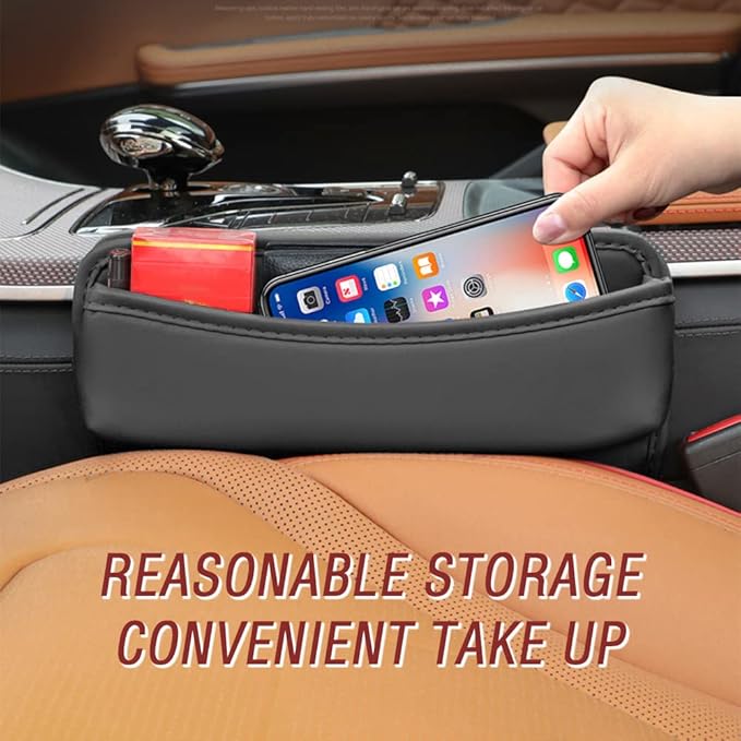 Large Capacity Car Seat Gap Filler with 2 Charge Hole - Microfiber Leather Organizer Storages Items & Keeps Quiet Tidy Storage Box for Phone,Key,Cigarette,Glasses (Black/2pcs)