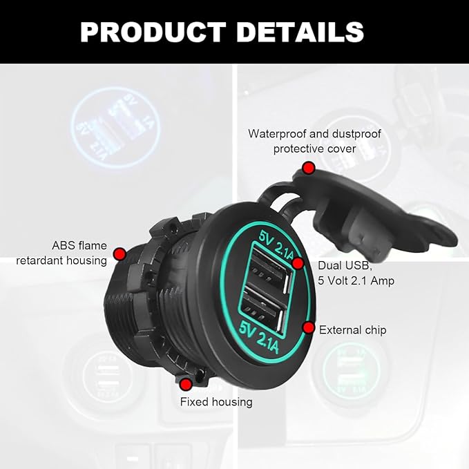 4.2A Dual USB Charger Socket, Waterproof Power Outlet 12V/24V 2.1A & 2.1A Quick Charge Socket, USB Charger Socket with Cap for Car Golf Cart Mobile RV ATV Truck Marine Boat (Green)