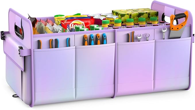 titiyiof Trunk Organizer For Suv&Sedan,Car Organizers&Storage,Waterproof Collapsible & Adjustable Straps,70L Sturdy Car Organization for Car Accessories,Tools,Sundries,2-3Compartment(Colorful Purple)