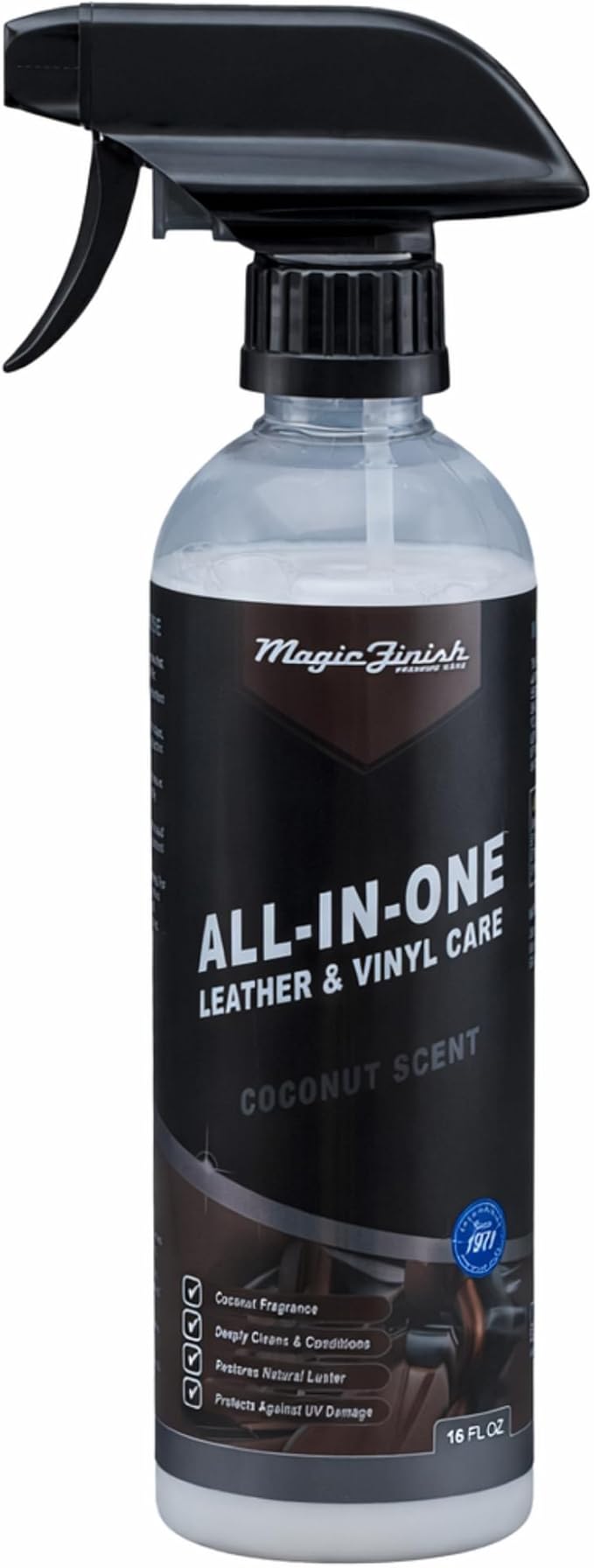 Magic Finish All-In-One Leather Conditioner & Vinyl Restorer (16 oz) – Non-Greasy Formula w/UV Shield – Nourishing Multi Surface Cleaner for Cars & Furniture – Leather Protector Spray (Coconut)