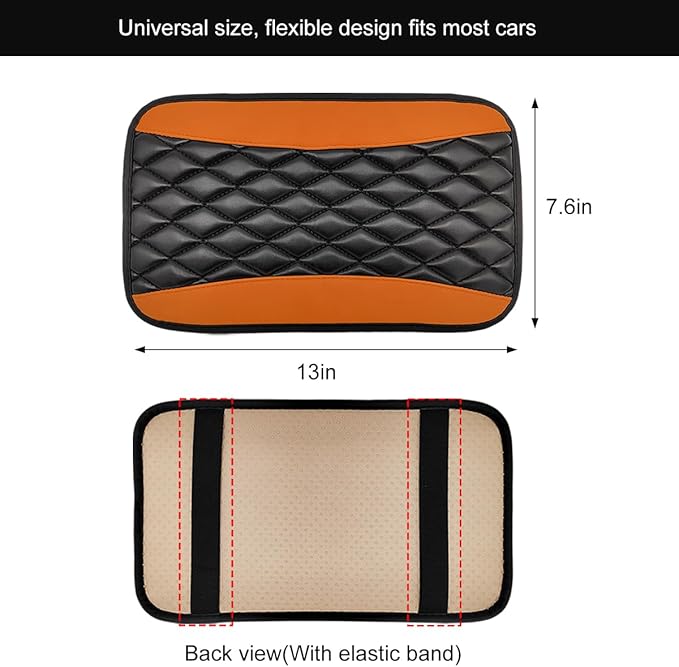 Car Center Console Cushion Pad, 12.6 × 7.48 Inches Waterproof Car Armrest Seat Box Cover, PU Leather Armrest Cover Protector for Most Vehicle, Universal Car Interior Accessories (Orange)