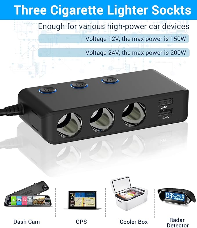 Car Charger Splitter 200W, Qidoe 3 Socket Cigarette Lighter Adapter with PD30W USB-C & QC3.0 Multi USB Car Charger DC Outlet Cigarette Splitter Power Switches Voltmeter for GPS Dash Cam Phone