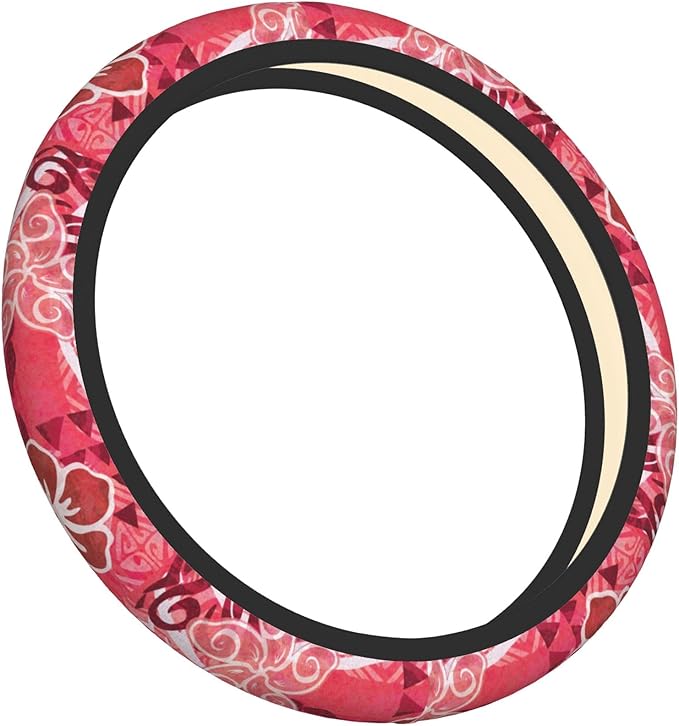 Red Hibiscus Polynesian Tapa Car Steering Wheel Cover 14-15 Inch for Women Men - Stretch Cloth Anti-Slip Wrap Protector Case - Fit Universal Auto Accessories Decor - Sweat Absorption