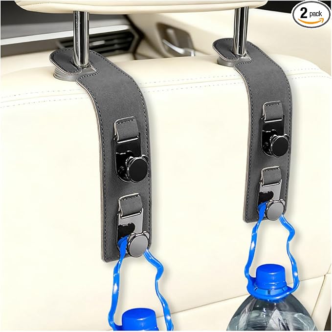 HZEL 2PCS Car Seat Headrest Hooks, Dual Hook Suede Vehicle Backseat Storage Holder for Purse Handbag Coat, Multifunctional Auto Seat Back Grocery Hanger Organizer, Universal for Vehicles (Gray)