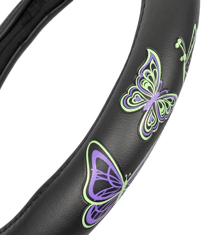 BDK GripGrab Comfort Grip - Purple & Green Butterflies on Black Synthetic Leather Steering Wheel Cover 15 inch