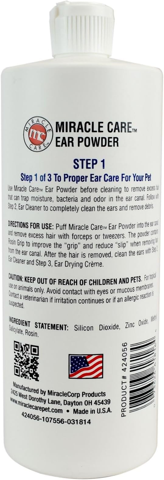 Miracle Care Ear Powder for Dogs and Cats, 96 Grams, Aids Hair Removal from Ear Canal, Keeps Ears Dry, Reduces Odor and Waxy Build Up