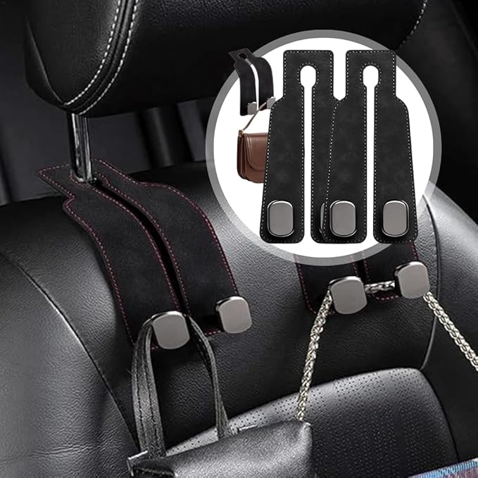 Car Seat Headrest Hooks for Purses and Bags - Premium Leather Double Hook Hanger with Metal Construction, Universal Purse Holder for Car Organization, Fits Most Vehicles (Black, 4-Pack)