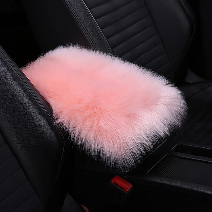 Center Console Cushion Pad/Cover, 11.4"x7.4" Furry Armrest Cover for Cars, Vehicles, SUVs, Premium Sheepskin Wool, Car Interior Accessories for Women(Pink)