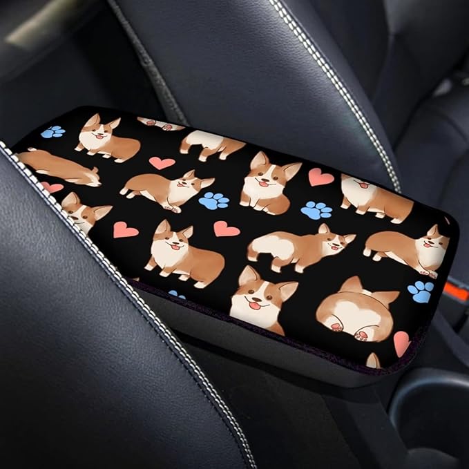 JoyLamoria Cute Corgi Car Armrest Center Console Cover Elasitc Automotive Armrest Pad with Polyester