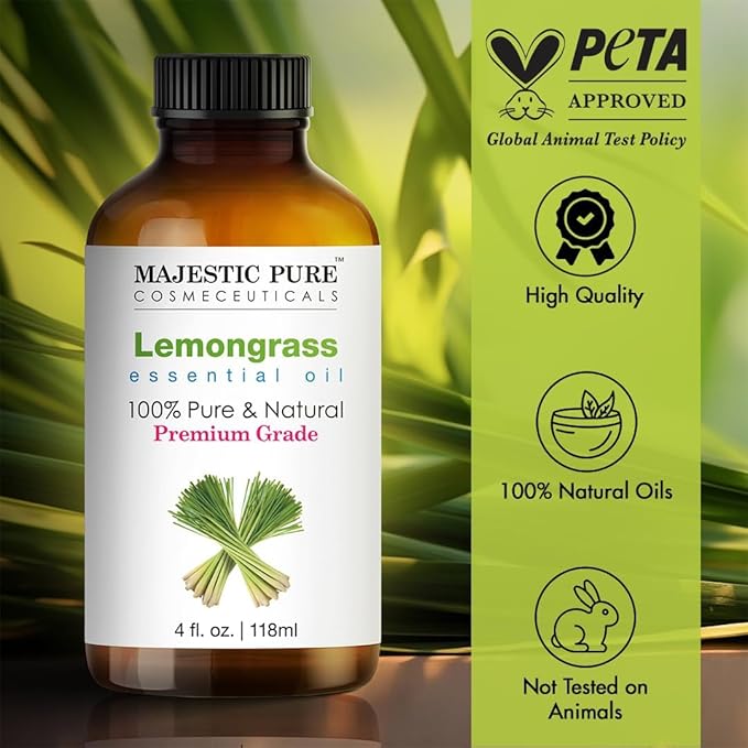 Majestic Pure Essential Oil with Glass Dropper - 100% Pure and Natural - Essential Oils for Diffuser, Aromatherapy, Soap and Candle Making, Lemongrass Essential Oil, Lemongrass Oil, 4 Fl Oz