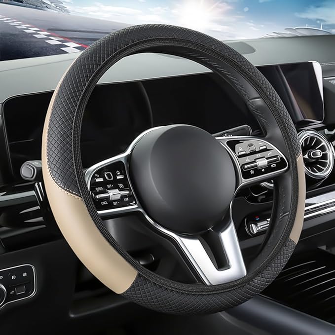 Car Steering Wheel Cover, Elastic Stretch Leather Non-Slip Vehicle Steering Wheel Guard, Automotive Interior Protective Decor Accessories, Universal for SUV RV Truck (Beige)