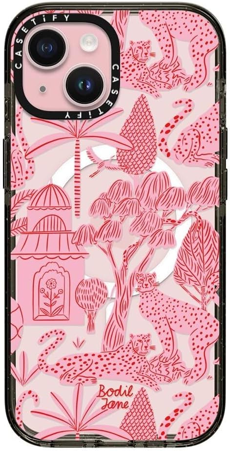 CASETiFY Impact Case for iPhone 15 [4X Military Grade Drop Tested / 8.2ft Drop Protection/Compatible with Magsafe] - Animal Prints - Cheetah Paradise Pink - Clear Black