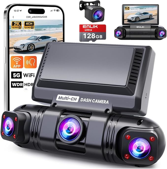 ENLIK Dash Cam Front and Rear 360 Dashcam 4 Channel Car Camera Dash Camera for Cars, QHD 2K+1080P*3 Camara with 128GB Card, 5G WiFi &APP Control, Night Vision/G-Sensor, 168°Wide Angle, Parking Mode