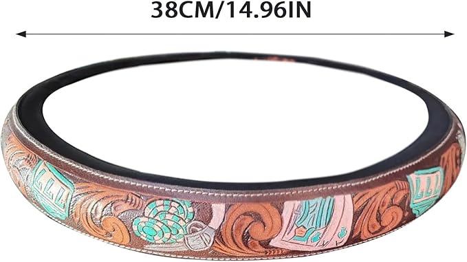 Retro Western Cowboy Car Universal Steering Wheel Cover, Embossed Handcrafted Tooled Leather Western,Anti Slip, Auto Interiors Accessories,Breathable for Trucks SUVs Cars (D)