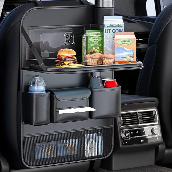 2 Pack Leather Car Backseat Organizer with Foldable Table Tray, Car Storage Organizer with Tablet Holder, Car Seat Back Protectors Kick MatsTravel Accessories
