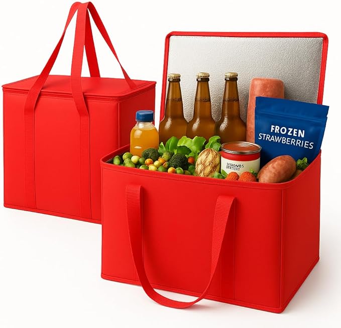musbus 2-Pack XL-Large Insulated Grocery Shopping Bags, Red, Reusable, Heavy Duty, Zipped Zipper,Collapsible,Tote,Cooler,Groceries,for car,Recycled Material Warm Foldable Bag…