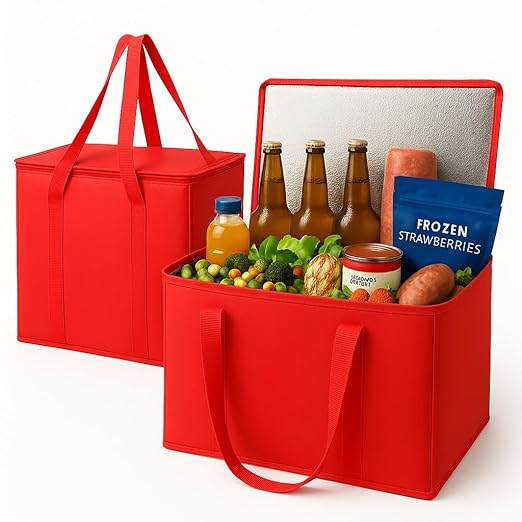 musbus 2Pk Insulated Reusable Grocery Bags, Collapsible Cooler Bag for Groceries, Heavy Duty Large Insulated Bag (Large, Bright Red)