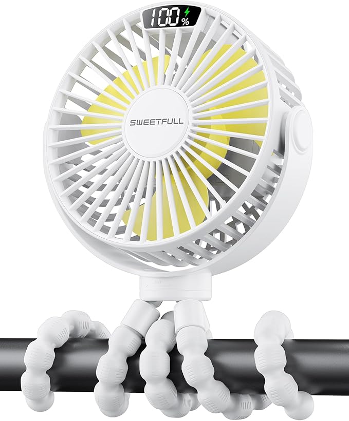 SWEETFULL Portable Stroller Fan with LED Display, 4 Speed Rechargeable Mini Clip On Fan, 360° Rotate Flexible Tripod Better Cooling Small Baby Fan for Car Seat Crib Travel Bike Treadmill (White)