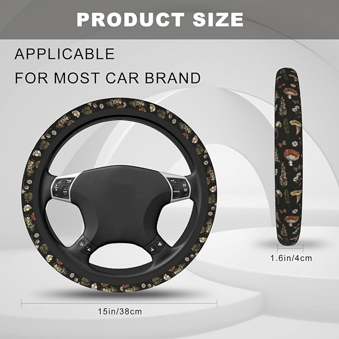 Black Mushrooms Steering Wheel Cover, Cute Funny Anti-Slip Breathable Car Accessories Interior Elastic Steering Wheel Cover for Men Women Fit Auto, SUV Vans Truck Universal 14.5-15 Inch
