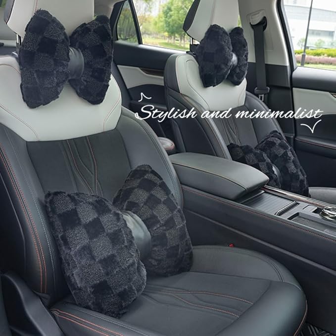 4 Pack Car Neck Pillow and Lumbar Support Cushion Plush Butterfly Knot Headrest Pillow Comfortable Waist Support Cute Car Interior Decor