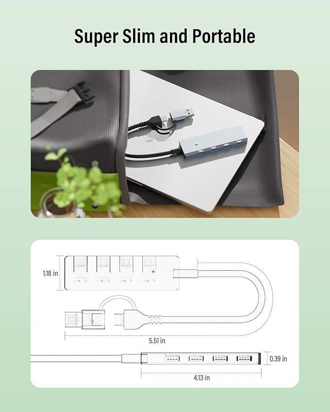 USB 3.0 Hub 4 Ports 5Gbps, Dual USB-A/C Aluminum Splitter, Ultra-Slim Multiport Expander Adapter for iPhone 17/16/15,MacBook,iPad,Laptop,PC,Desktop,HDD, Keyboard, Mouse, Xbox, PS5,Android
