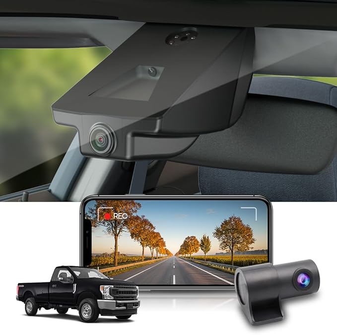 Fitcamx Front 4K+Rear 1080P Dash Cam Adapts for Ford F250 F350 XL XLT 2011-2025 (DZ-00455), Integrated OEM Look, 2 Way HD Video, WiFi & APP, Loop Recording, G-Sensor, Easy to Set, 128GB Card